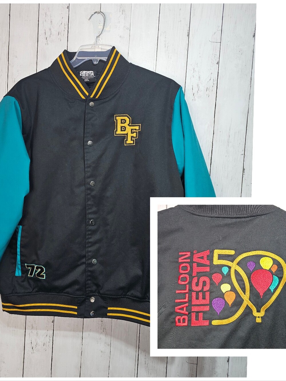 Balloon Fiesta Albuquerque Black Teal Bomber Jacket Size 2XL Snap Closure Pocket